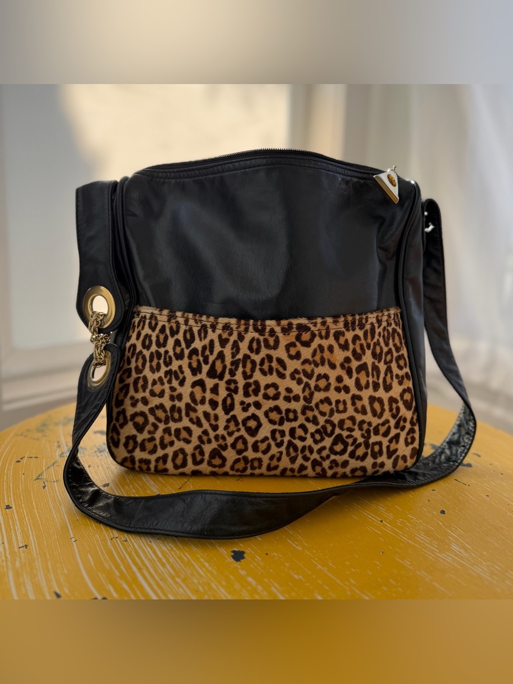 Black Genuine Leather Leopard-Print Crossbody Bag - Unbranded